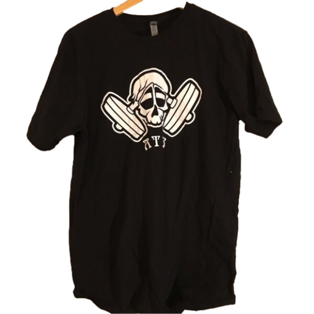 Men’s size large, black T-shirt with skull and dumbbell graphic. Unisex.